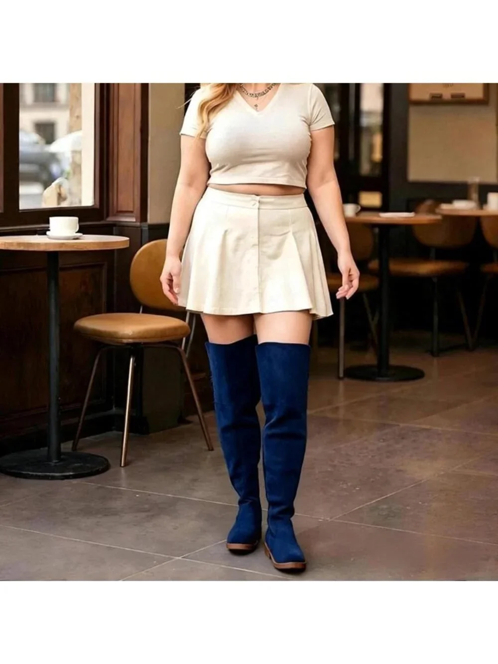 Women's Navy Blue Faux Suede Back Lace Wide Calf Over-the-Knee Thigh-High Boots